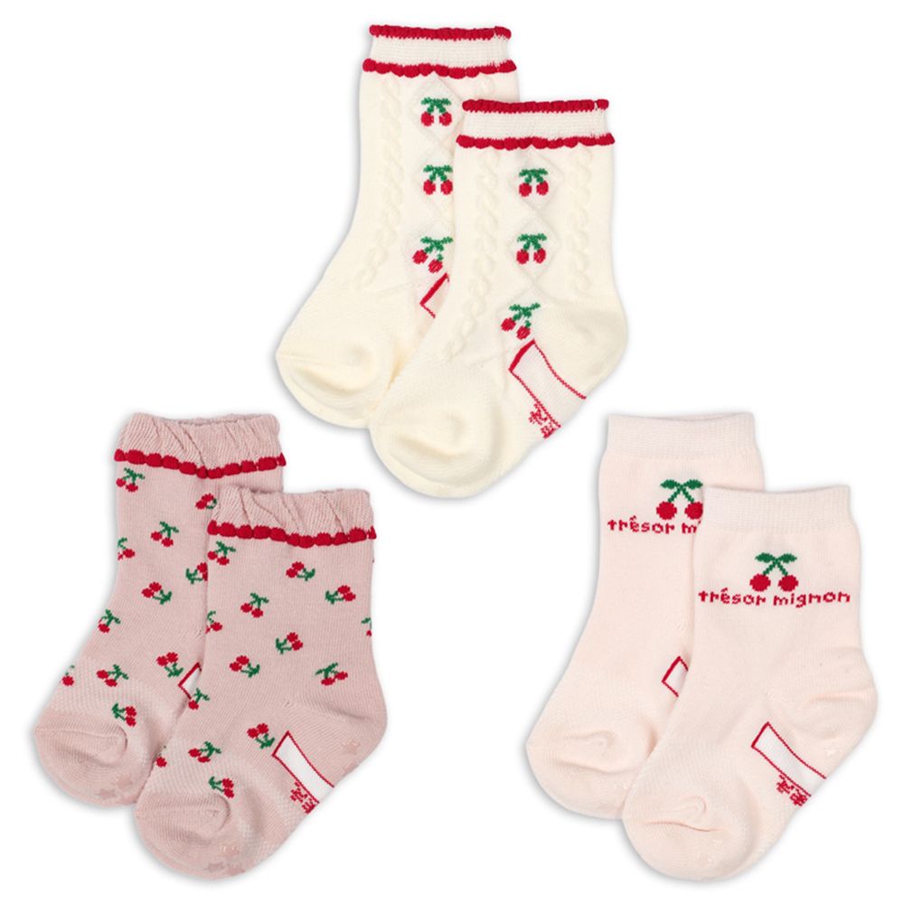 中長襪3雙組-櫻桃-粉紅色 (9~14cm)
