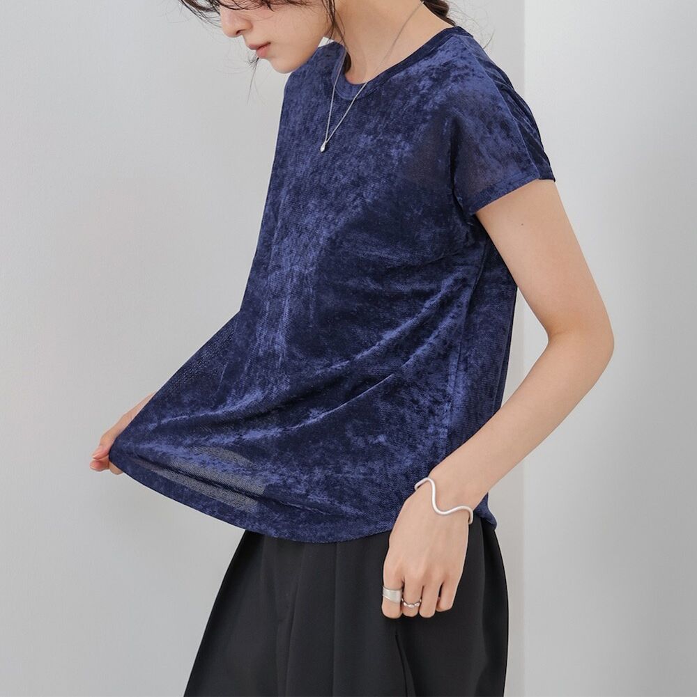 微透輕盈天鵝絨法式袖上衣-海軍藍 (M)