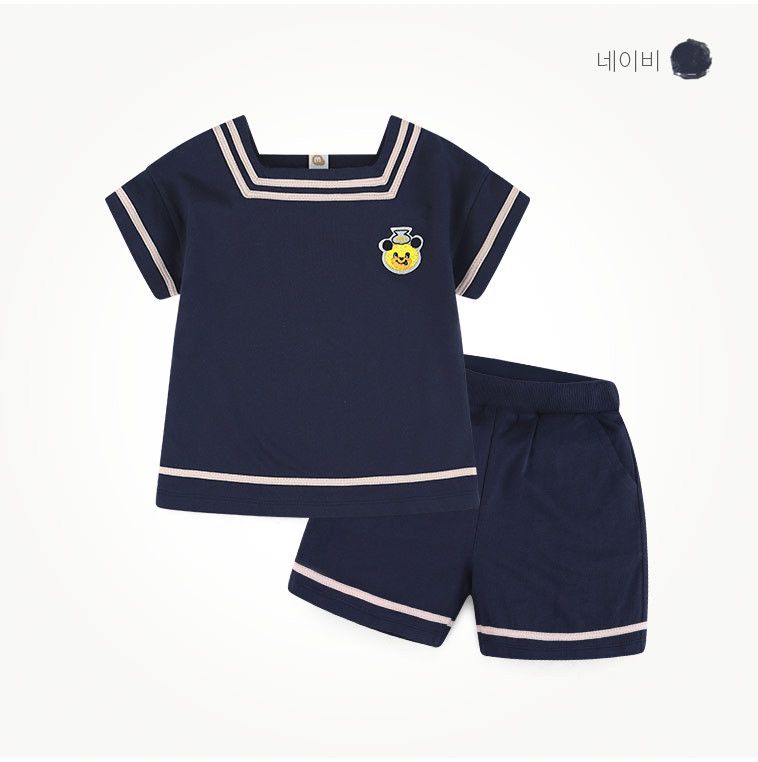 韓國 milk mile - 黃熊刺繡方形領套裝-海軍藍