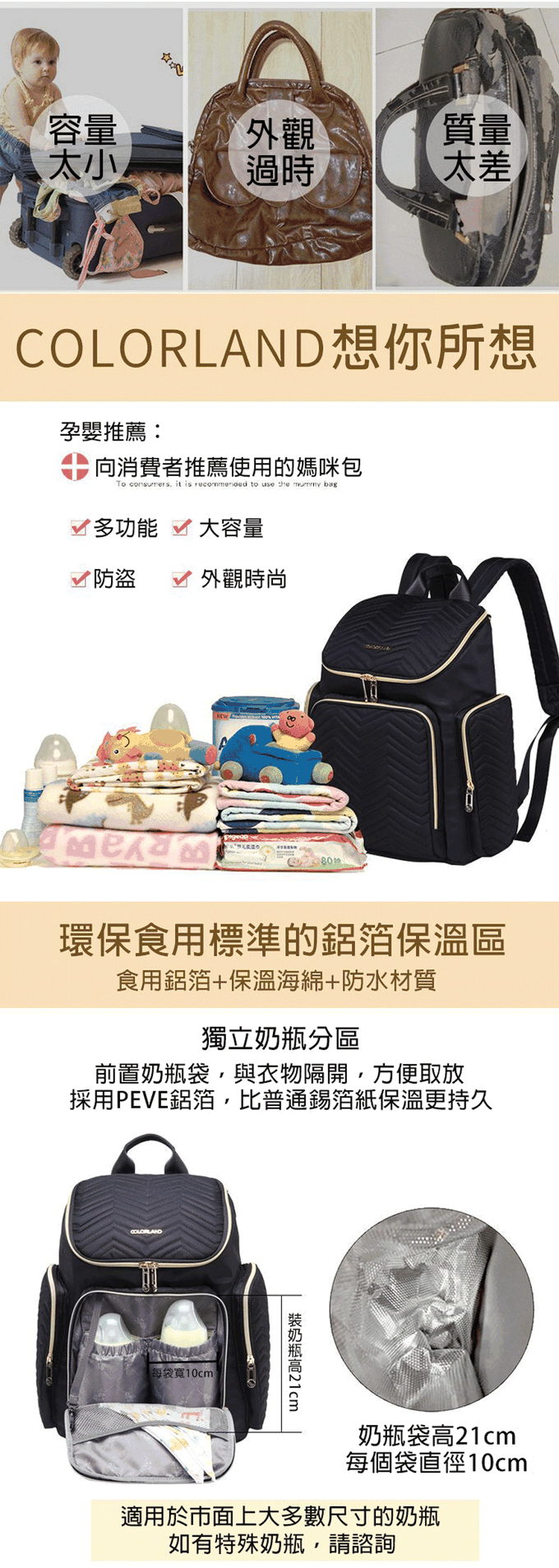 Colorland - 菱格紋大容量後背包 附USB充電接頭-黑色款 (29*16*37cm)