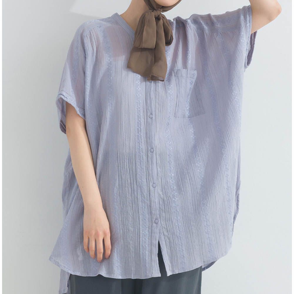 柔軟嫘縈緹花分層V領短袖上衣-薰衣草紫