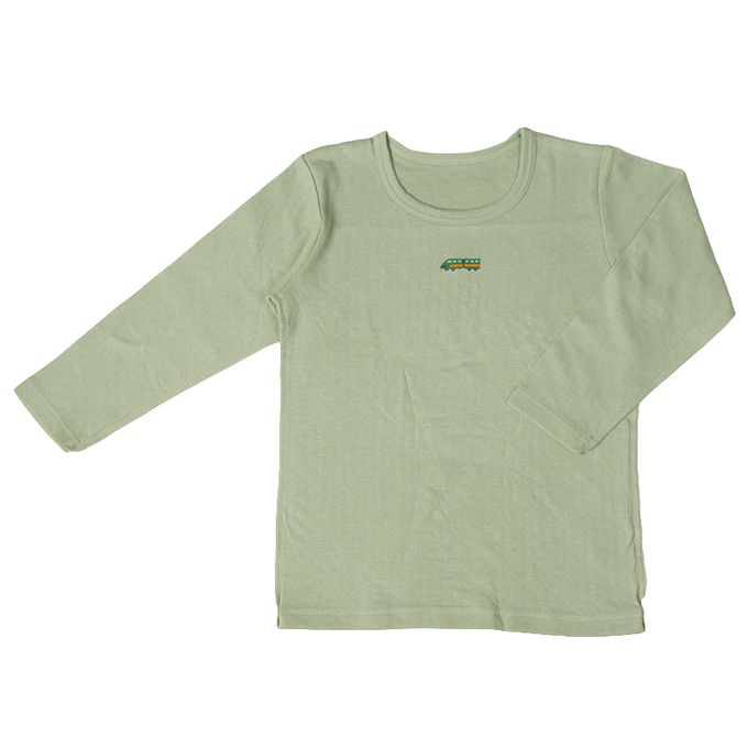 akachan honpo - 長袖圓領上衣2件組-蓬鬆棉 直升機&新幹線-綠色