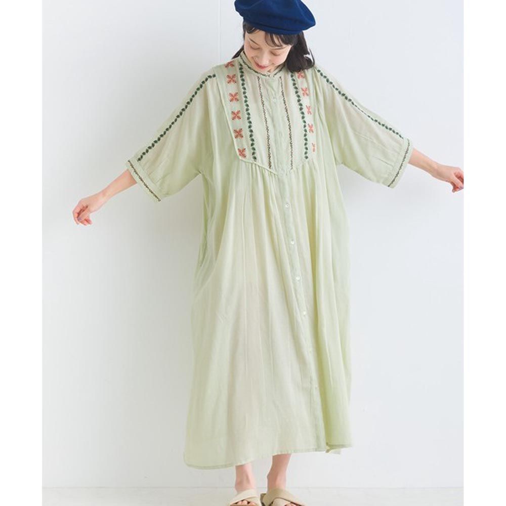 日本 Lupilien - 100%印度棉 清爽刺繡襯衫式長洋裝-淺綠