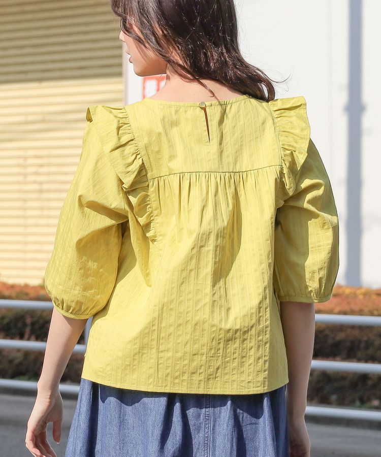 日本 Honeys - 純棉浪漫荷葉飛飛袖七分袖上衣-黃綠
