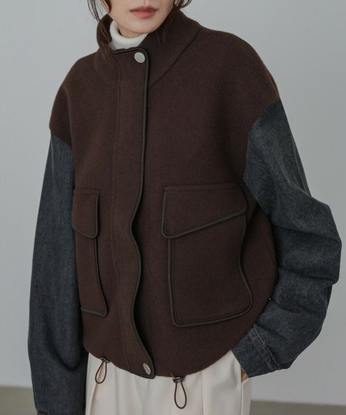 日本 Bab - 俐落簡潔丹寧袖拼接夾克/外套-棕系