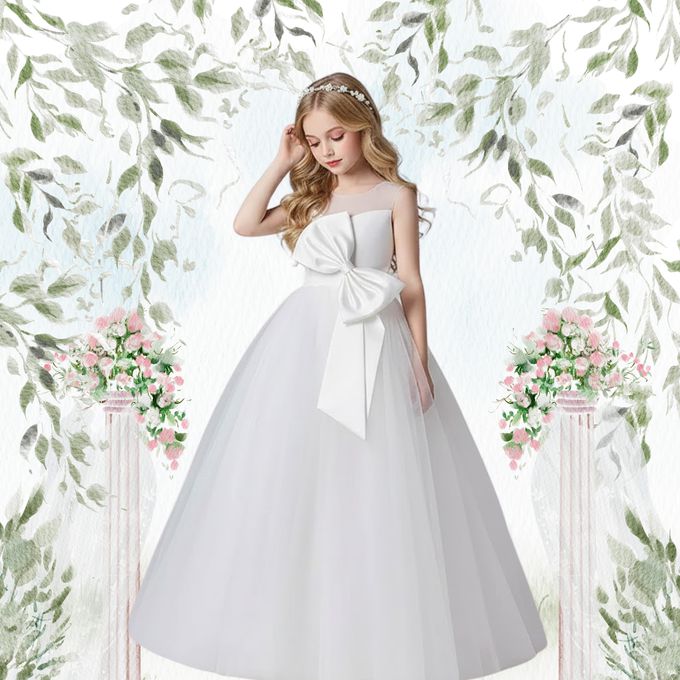 love, charlotte - 甜美氣質高級婚紗貢緞大蝴蝶結無袖長禮服 - 白色