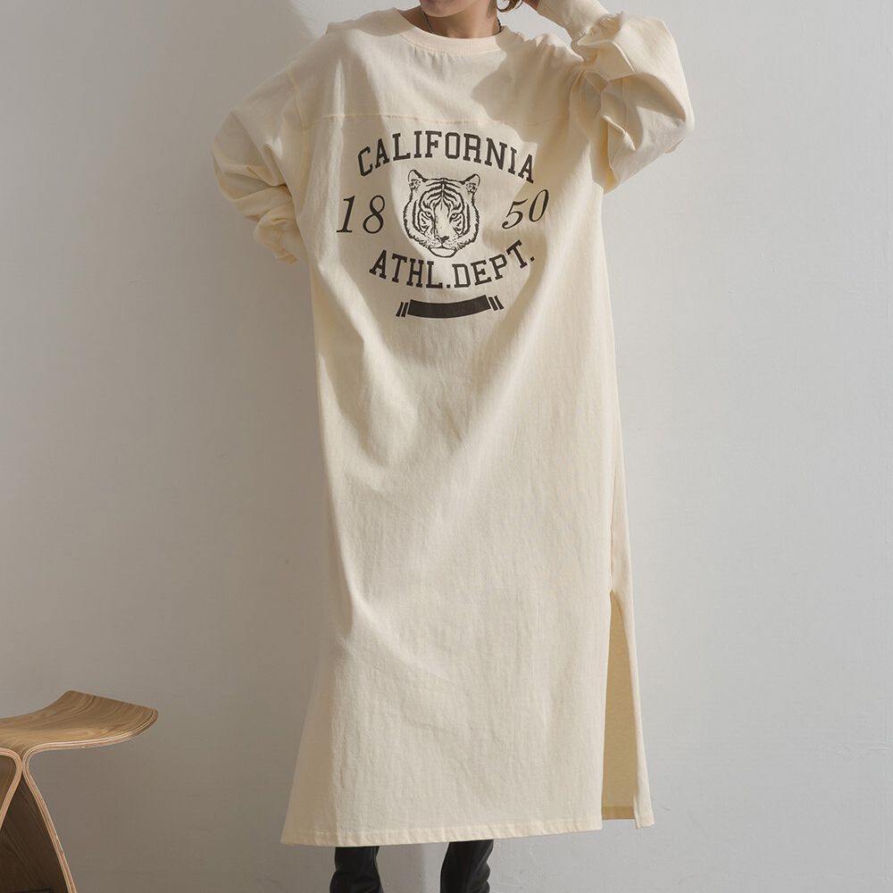 帥氣老虎印花側開叉長袖洋裝-象牙