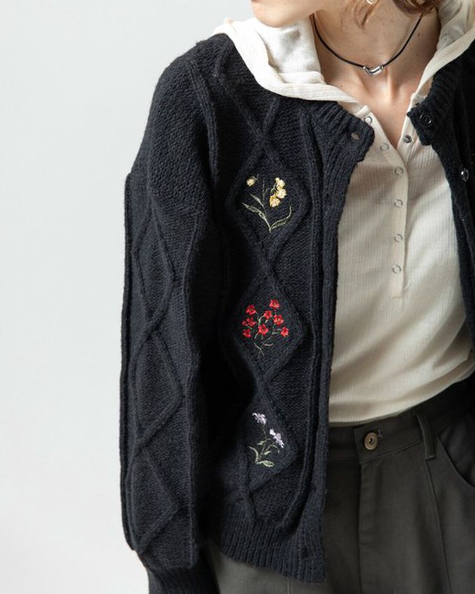 日本 gleam - 文藝風小花刺繡立體針織開襟衫-灰