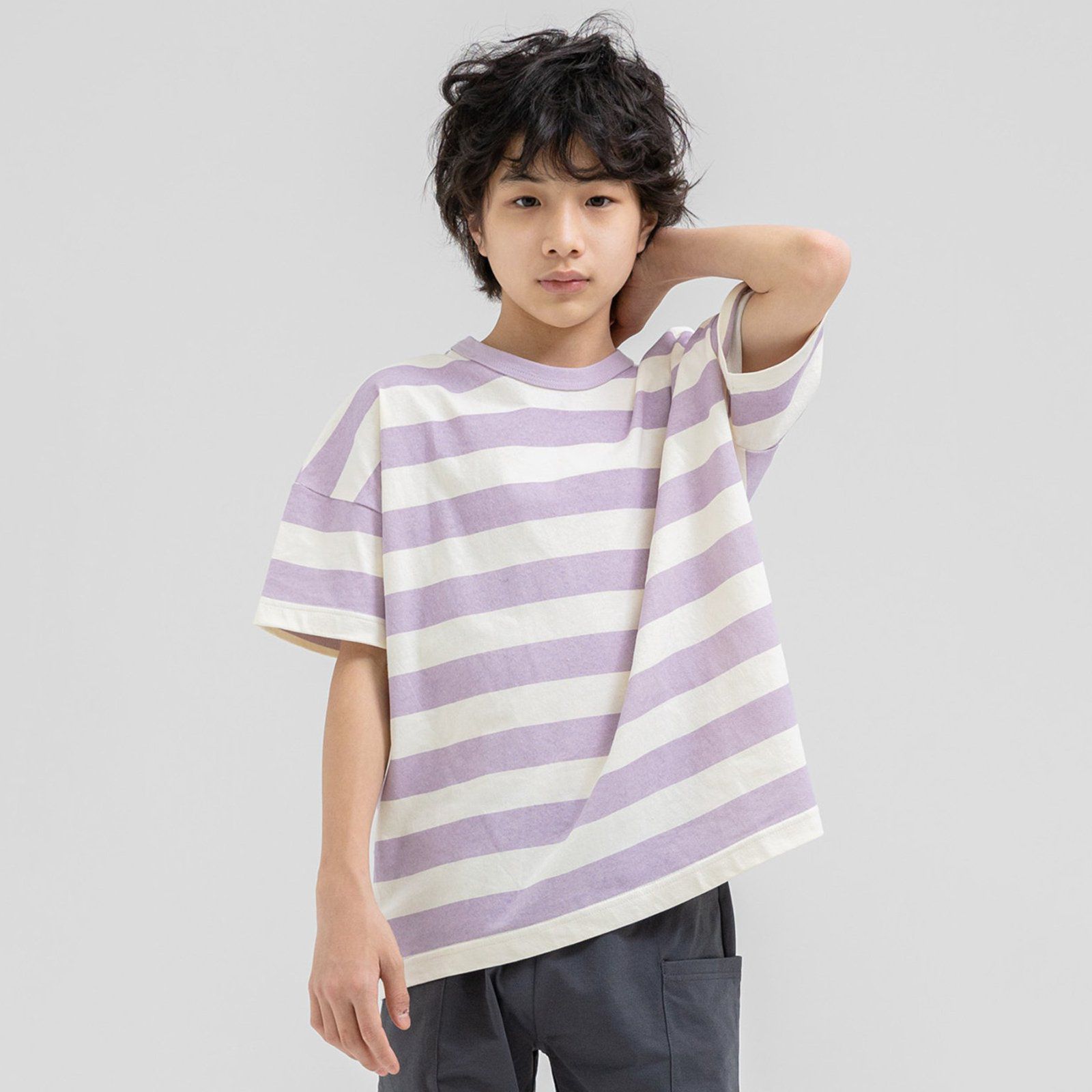 日本 Chil2 - 100%棉 百搭條紋短袖上衣-水藍x白