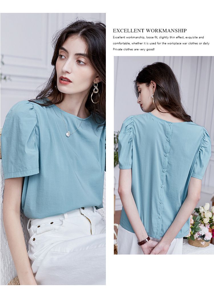 反轉設計圓領短袖上衣-背面鈕扣-黑灰色