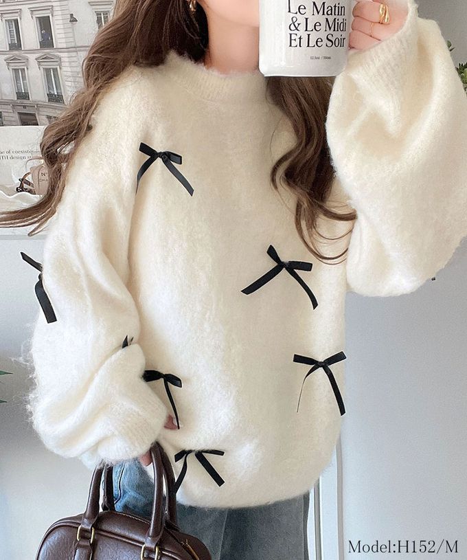日本 Classical Elf - 甜美滿點 毛海蝴蝶結浪漫毛衣-白
