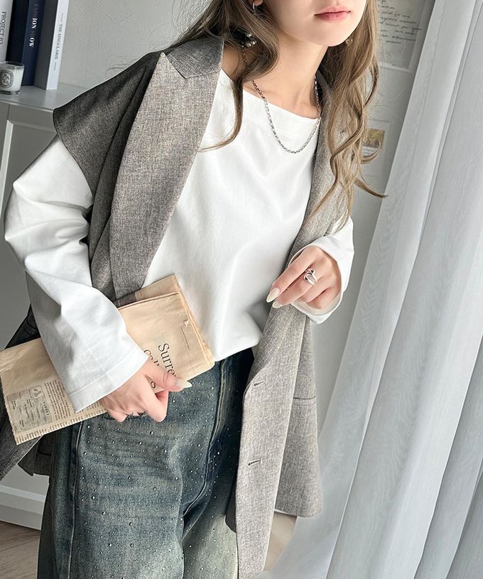 日本 Classical Elf - 一字領寬鬆落肩長袖T恤-淺杏