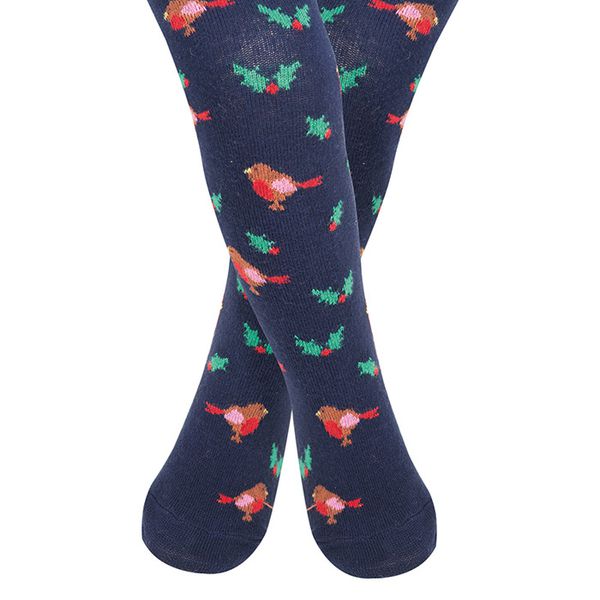 英國 JoJo Maman BeBe - 花漾嬰幼兒小童內搭褲襪/保暖襪-海軍藍花鳥