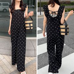 日本 GRL - 法式波點荷葉肩休閒連身褲-黑 (F)
