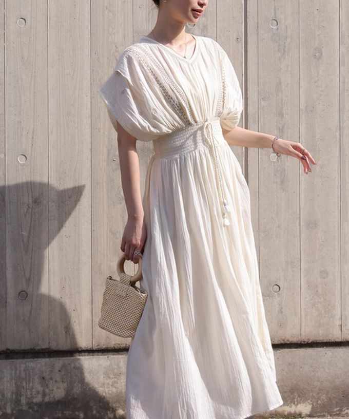 日本 Bab - 100%印度棉 素雅刺繡收腰短袖洋裝-黃