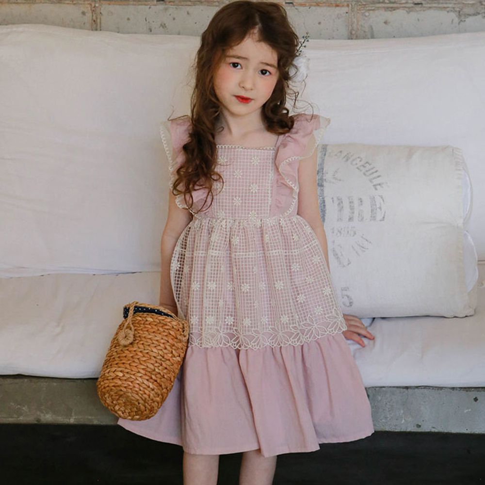 韓國 PuellaFLO - 假兩件格子花朵圍裙洋裝-粉紅