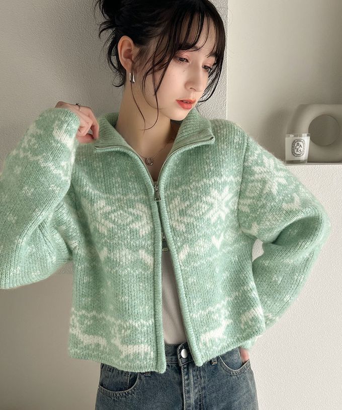 日本 Classical Elf - mily bilet 北歐雪花氛圍短版針織外套-米x藍