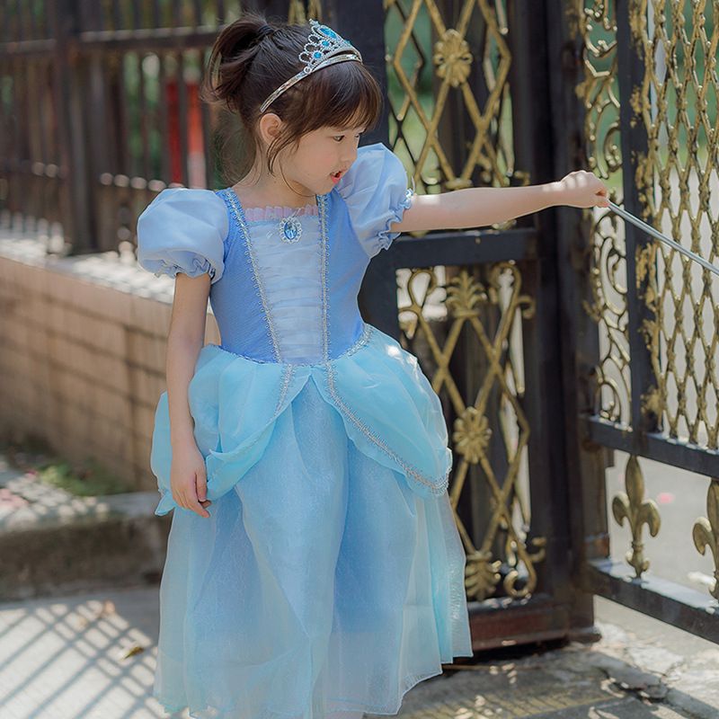 公主寶石裝飾網紗洋裝-藍色