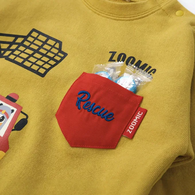 日本 ZOOLAND - 熊熊救援隊 消防車印花長袖上衣-淺灰