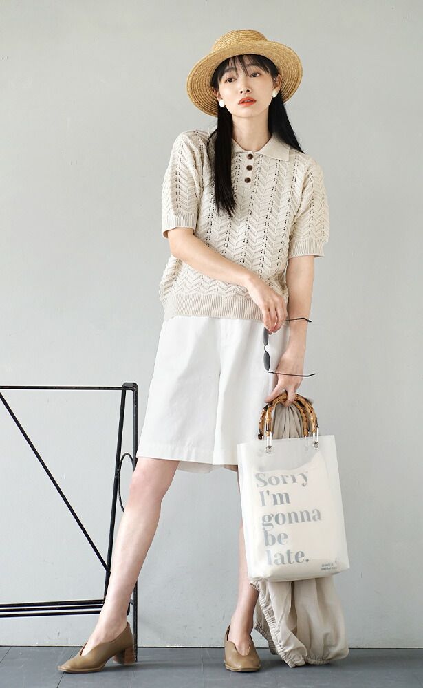 日本 zootie - 人字紋鉤針翻領短袖上衣-米杏