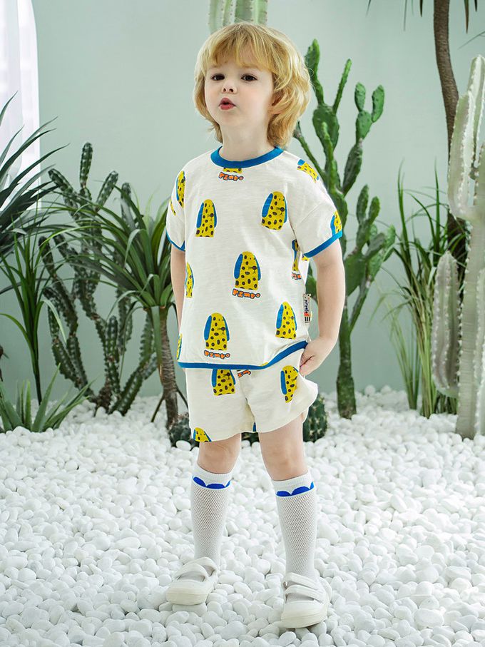 韓國 Pimpollo - 長耳斑點狗狗印短袖套裝-藍X磚紅