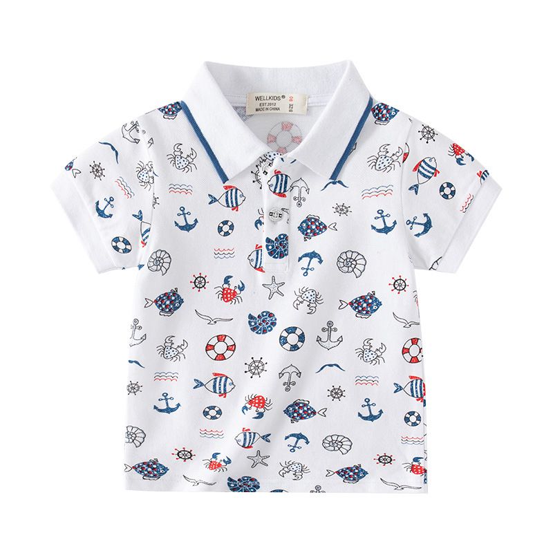 WELLKIDS - 純棉休閒翻領短袖襯衫-帆船+燈塔-白色