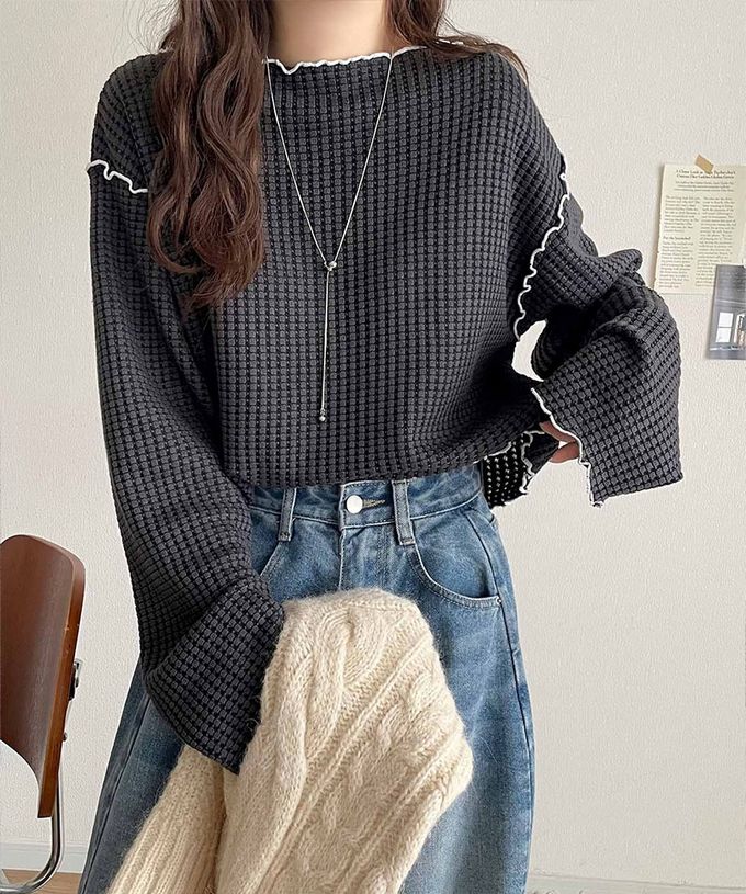 日本 Classical Elf - 2way華夫格木耳捲邊浪漫長袖上衣-白