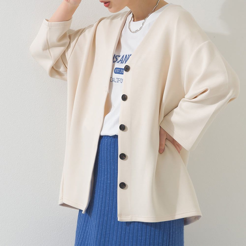 抗UV抗花粉 柔滑無領開襟衫外套-米杏