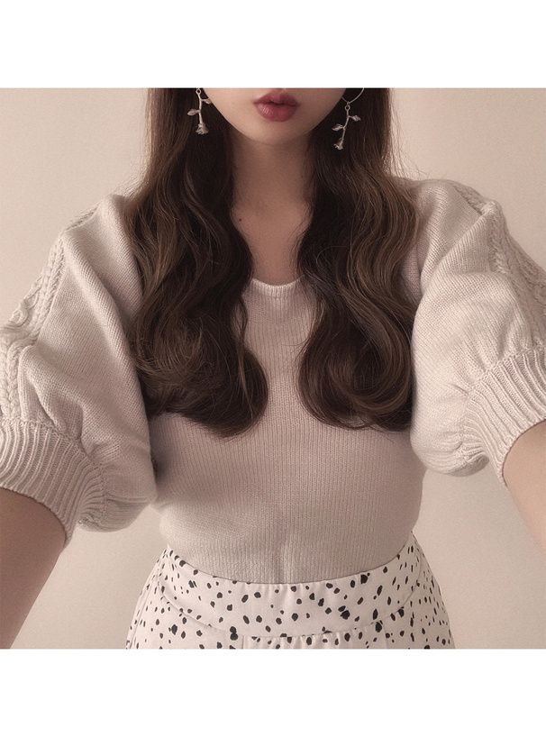 日本 GRL - 美背蝴蝶結麻花泡泡短袖針織上衣-氣質杏 (F)