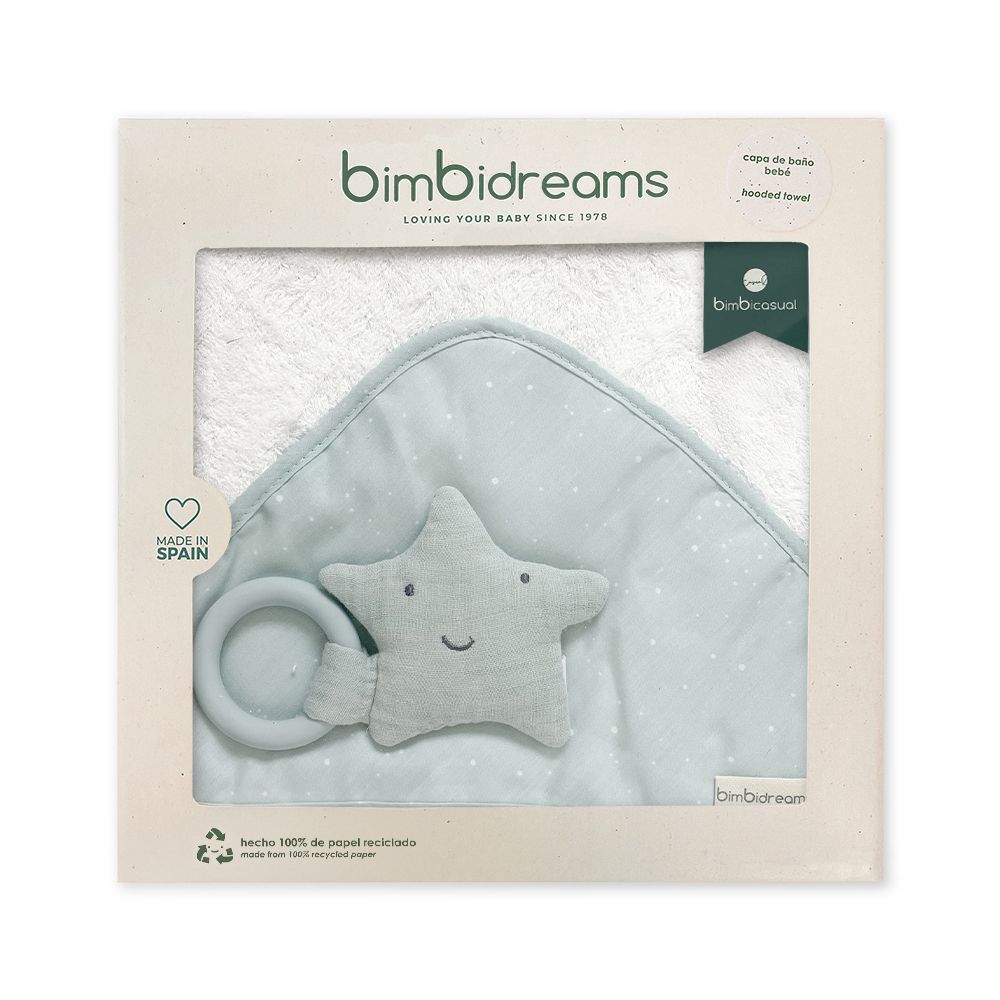 【bimbidreams】竹纖維連帽浴巾+星星固齒器禮盒 75x75cm(寶寶新生兒禮 滿月禮 彌月禮 嬰兒禮盒)-粉綠