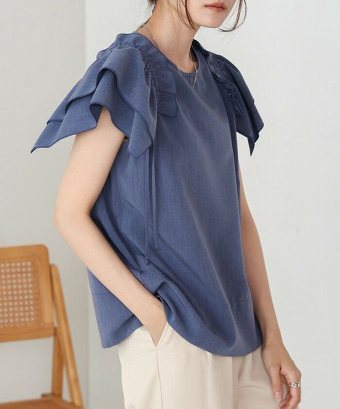 日本 Bab - 浪漫層次感荷葉短袖上衣-淺藍 (M)