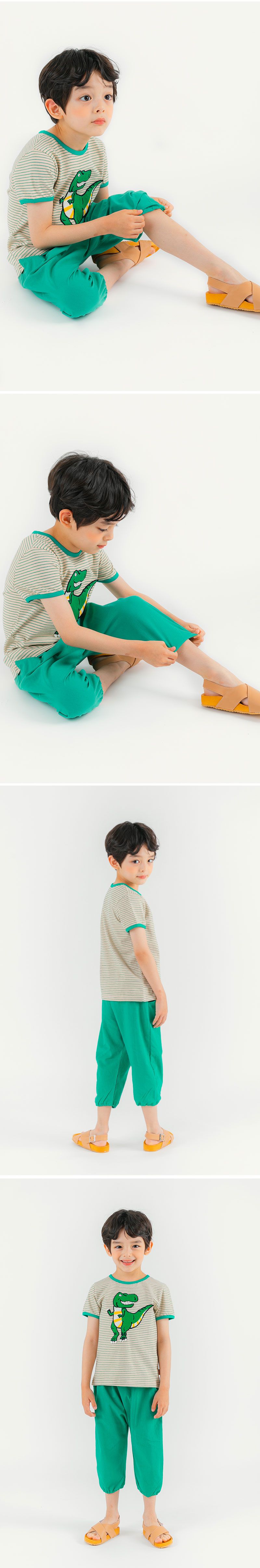 韓國 OZKIZ - 細條紋綠暴龍套裝-綠X卡其