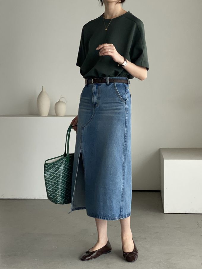 韓國女裝連線 - 迷人側開衩丹寧牛仔中長裙