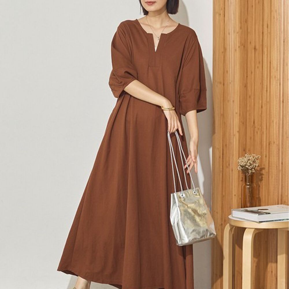 接觸涼感 顯瘦A字鑰匙領五分袖洋裝-咖啡棕
