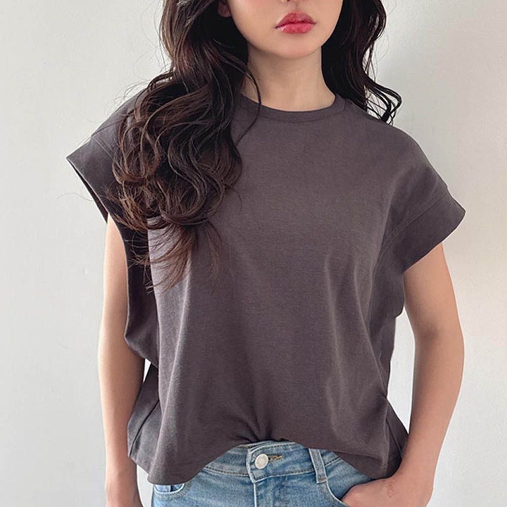 大寬袖圓領率性素面上衣-炭灰 (F)