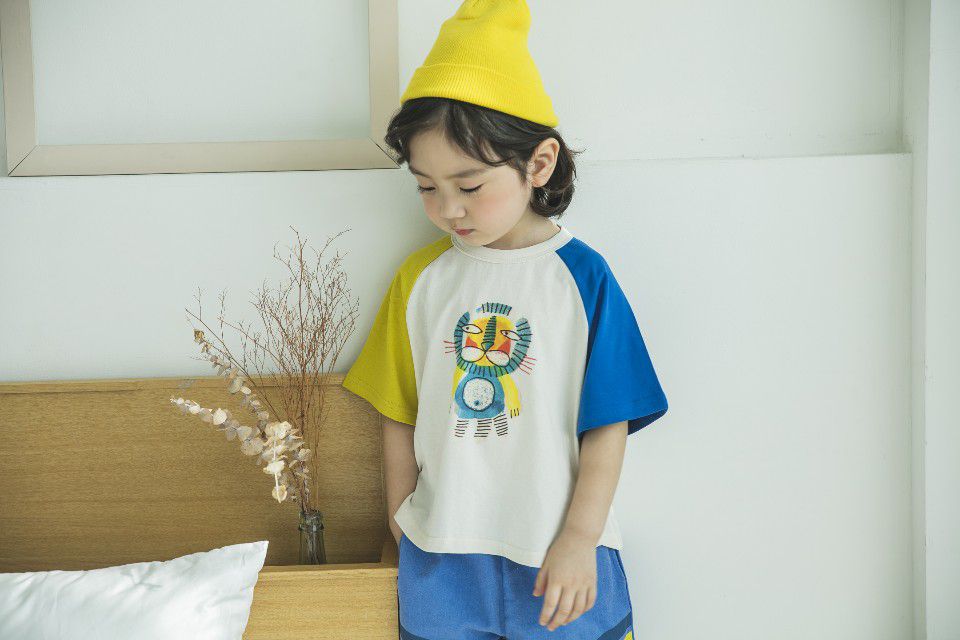 韓國 Mimico - 拼接色滑稽獅子T-藍