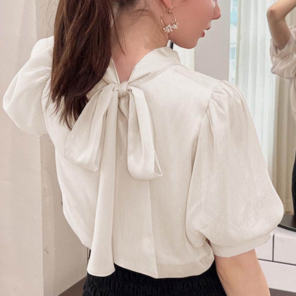 後綁帶柔美光澤雪紡泡泡袖上衣-天使白 (F)