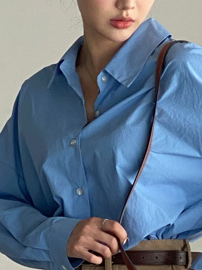 韓國女裝連線 - 知性背後抓褶翻領長袖襯衫-藍 (FREE)