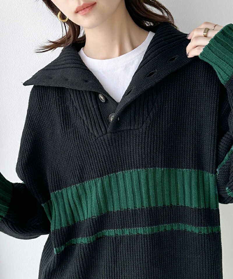 日本 Classical Elf - 排釦翻領撞色羅紋針織上衣-淺米x咖啡