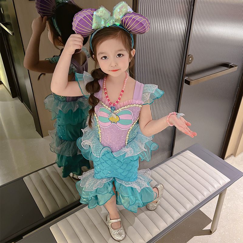 無袖造型萌萌連身公主裙-卡通人物-美人魚-藍綠+紫