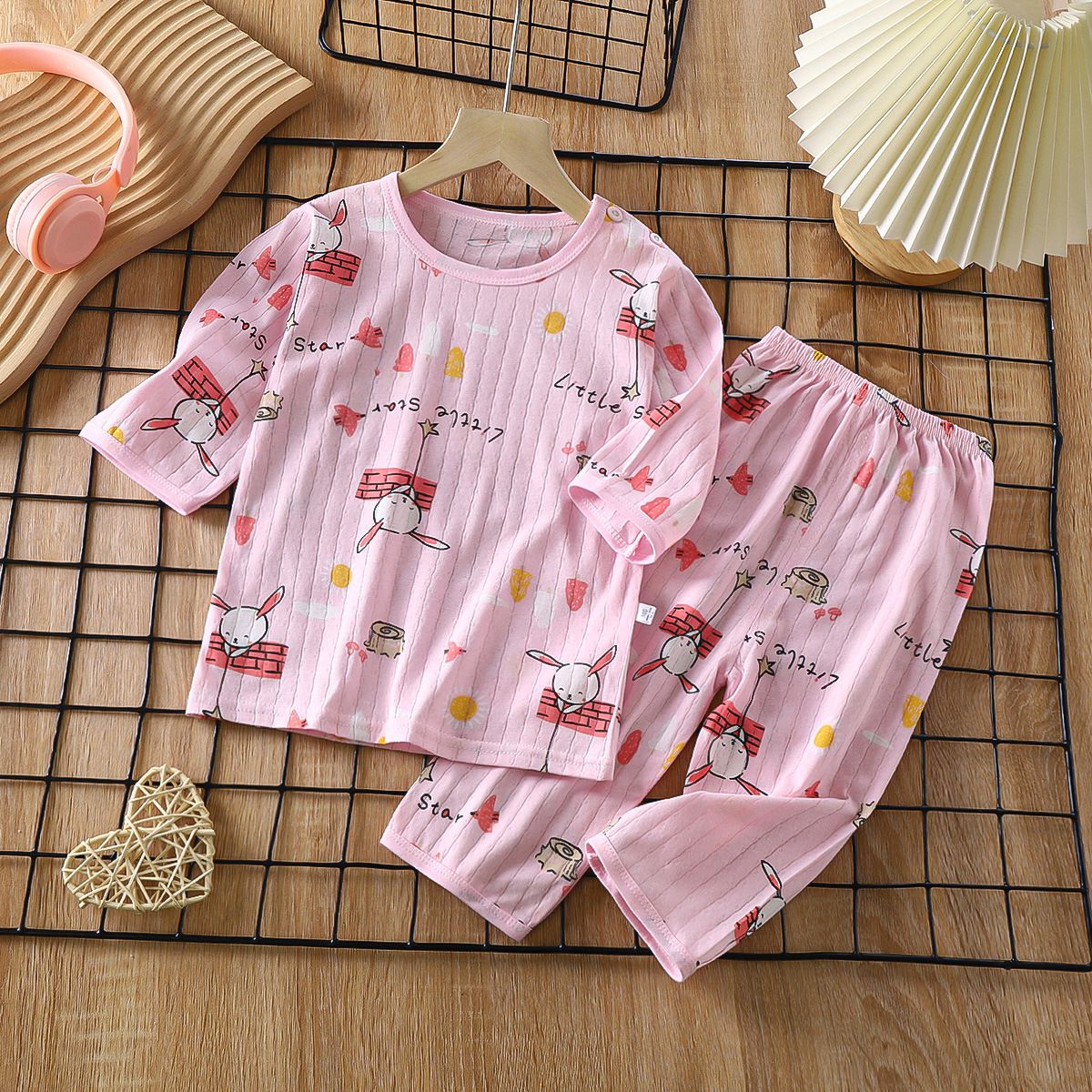 純棉網眼透氣七分袖家居服套裝-軟糖小熊-白色