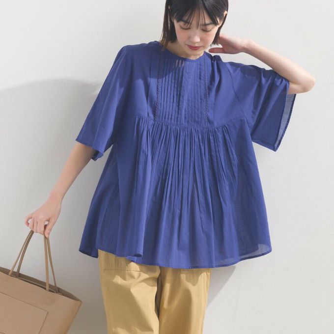 日本 OMNES - 純棉巴里紗柔美皺摺寬袖上衣-寶藍