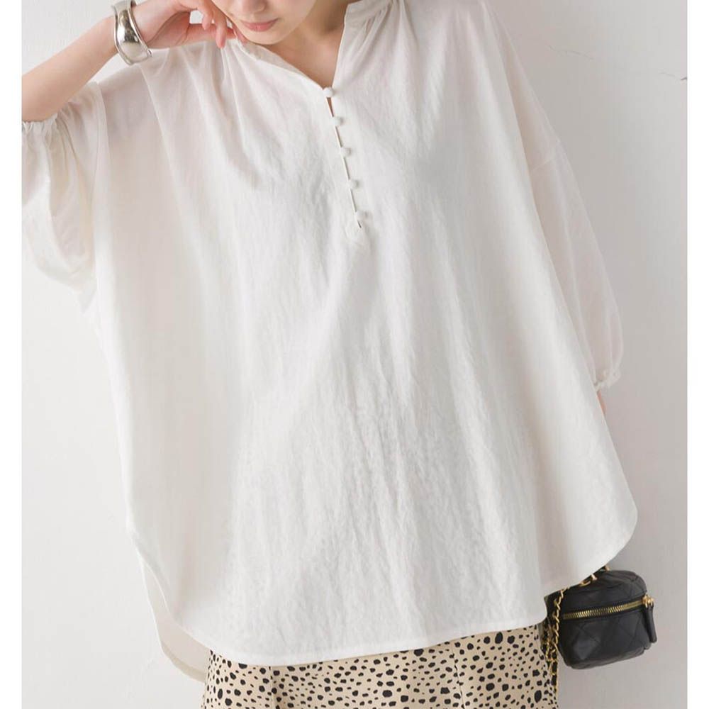 接觸涼感 嫘縈亨利領五分袖上衣-白