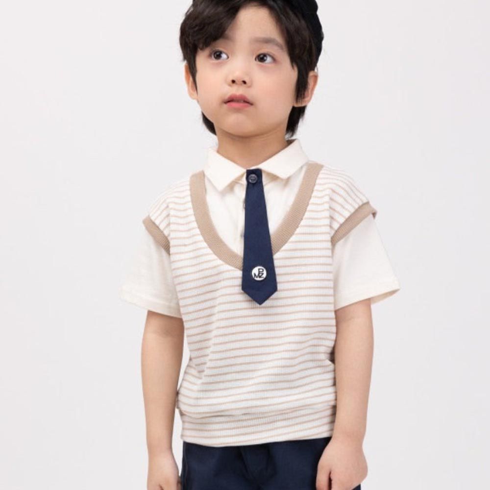 韓國 Coco Bang - 假兩件領帶點綴條紋上衣-卡其