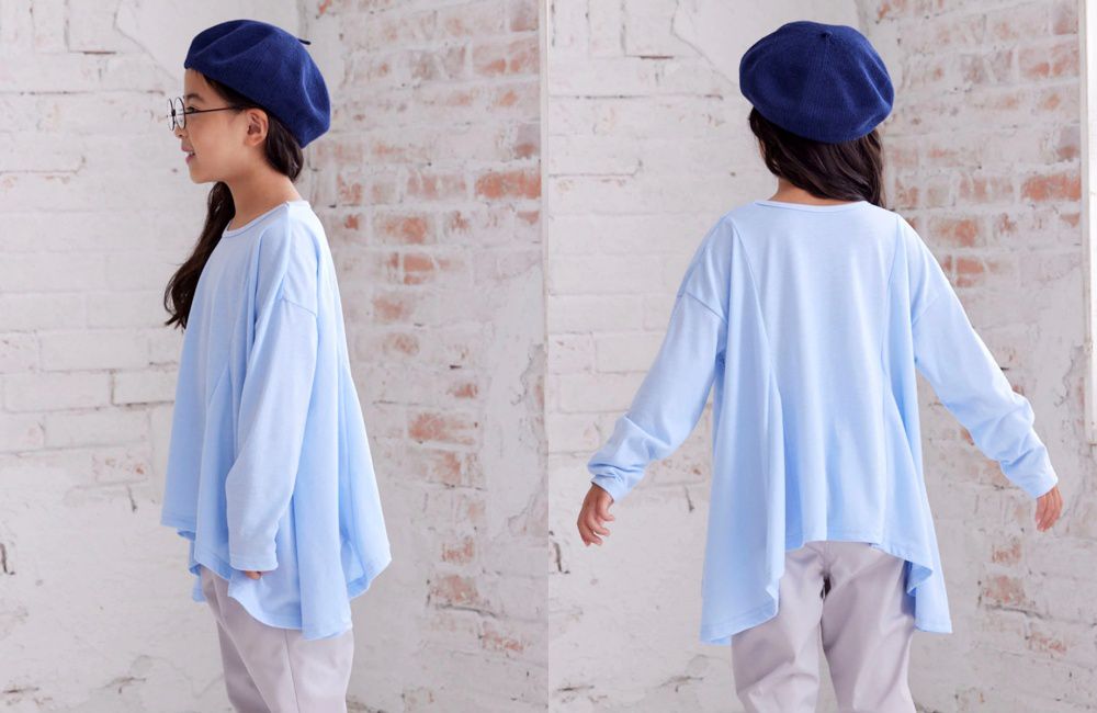 日本 Nissen - 純棉浪漫不規則傘狀衣襬長袖上衣-藍