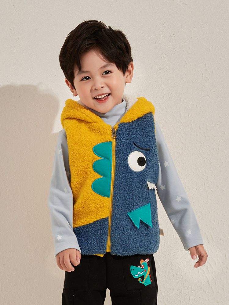 立體造型連帽羊羔絨背心-半臉小妖怪-藍+紅