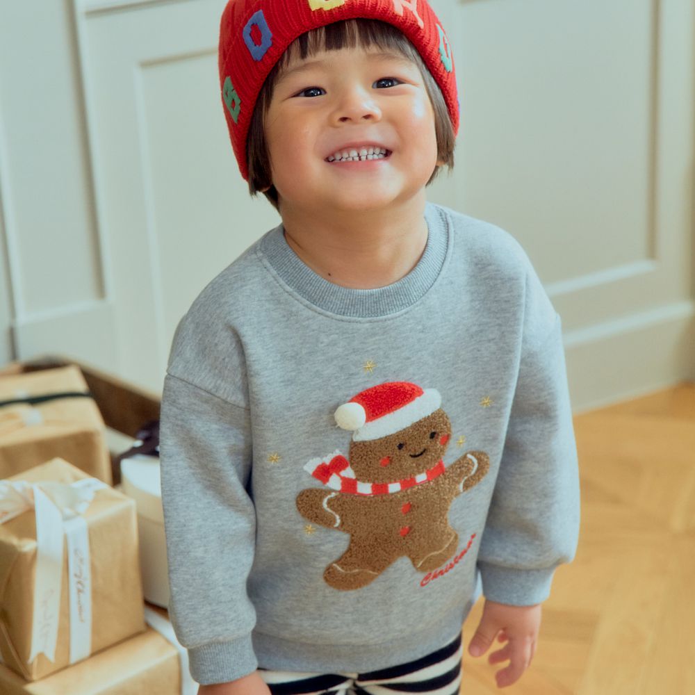 First Blue (內磨毛)聖誕裝飾長袖大學T-薑餅人-淺灰