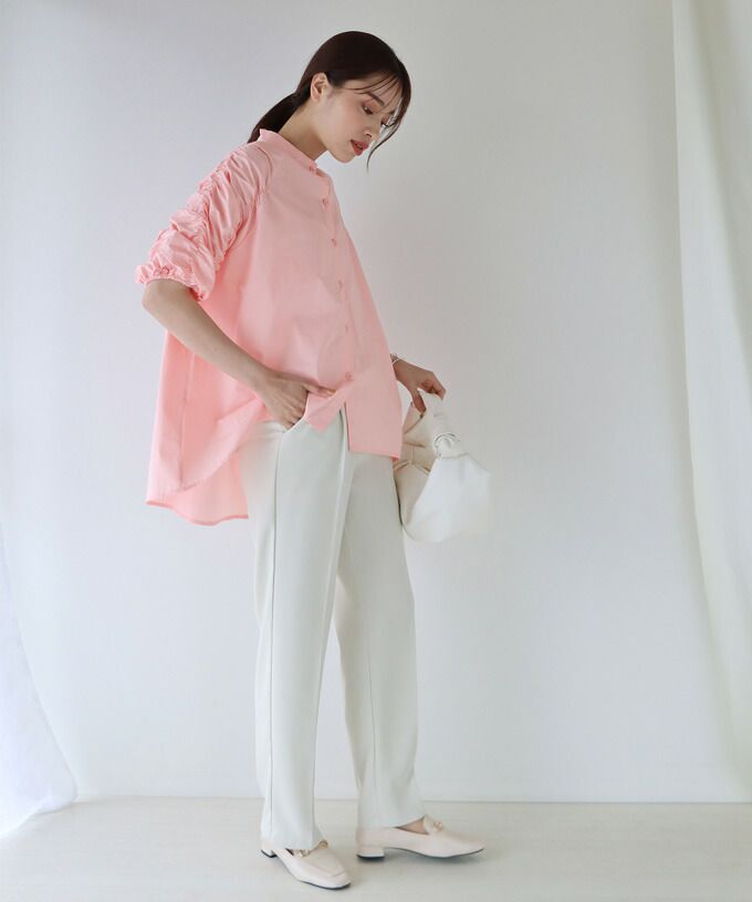 日本 BLUE EAST - 優雅小立領抓皺五分袖襯衫-水藍