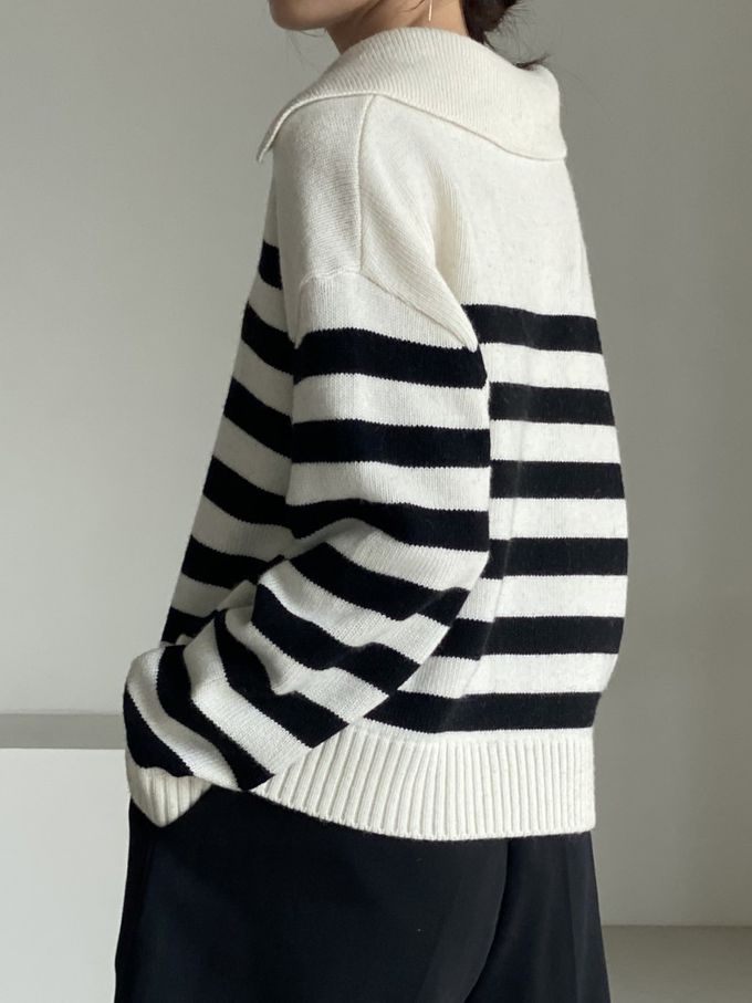 韓國女裝連線 - 精選美麗諾羊毛翻領上衣-米白底X黑條紋 (FREE)