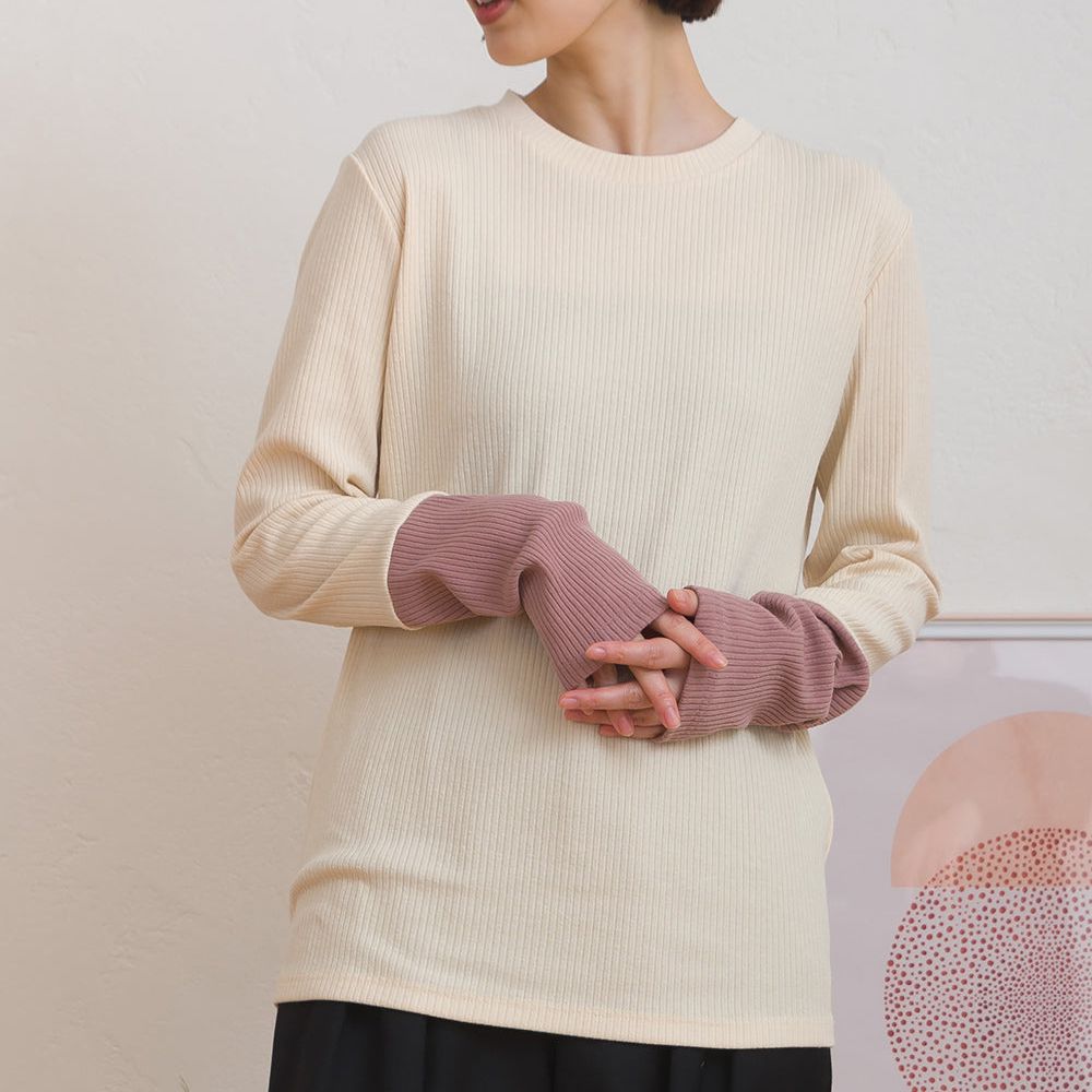 低調簡約雙色羅紋長袖上衣-米白x粉